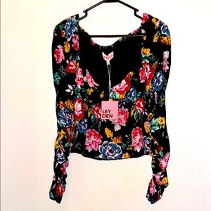 NWT Leyden XL long sleeve bootie blouse with colorful flowers and black